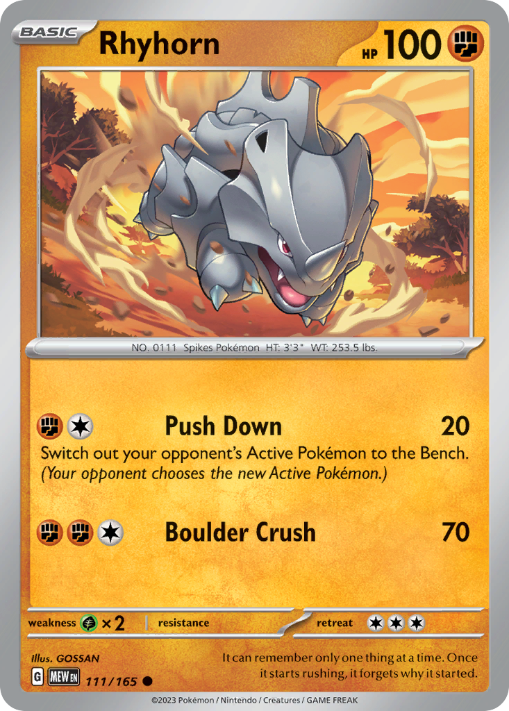 111/165 Rhyhorn Pokemon Card 151 Common *MINT*