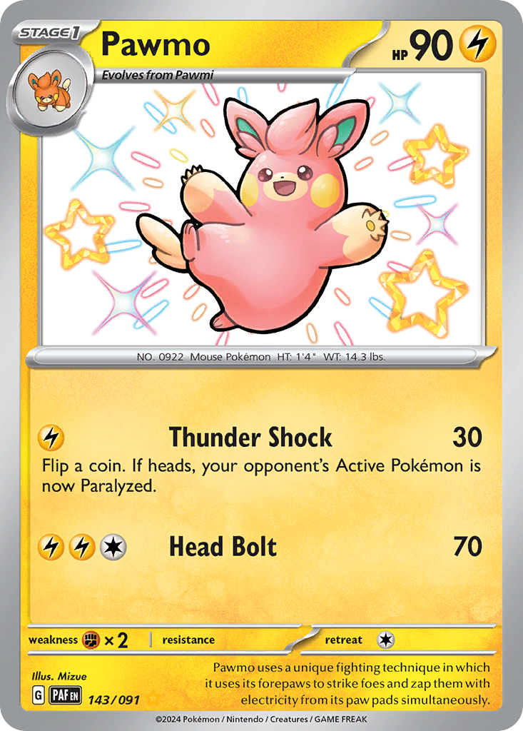143/091 143/91 Pawmo Pokemon Card Paldean Fates Shiny Rare *MINT*
