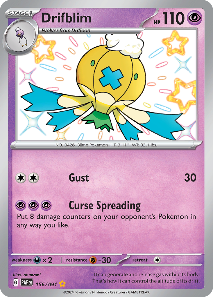 156/091 156/91 Drifblim Pokemon Card Paldean Fates Shiny Rare *MINT*