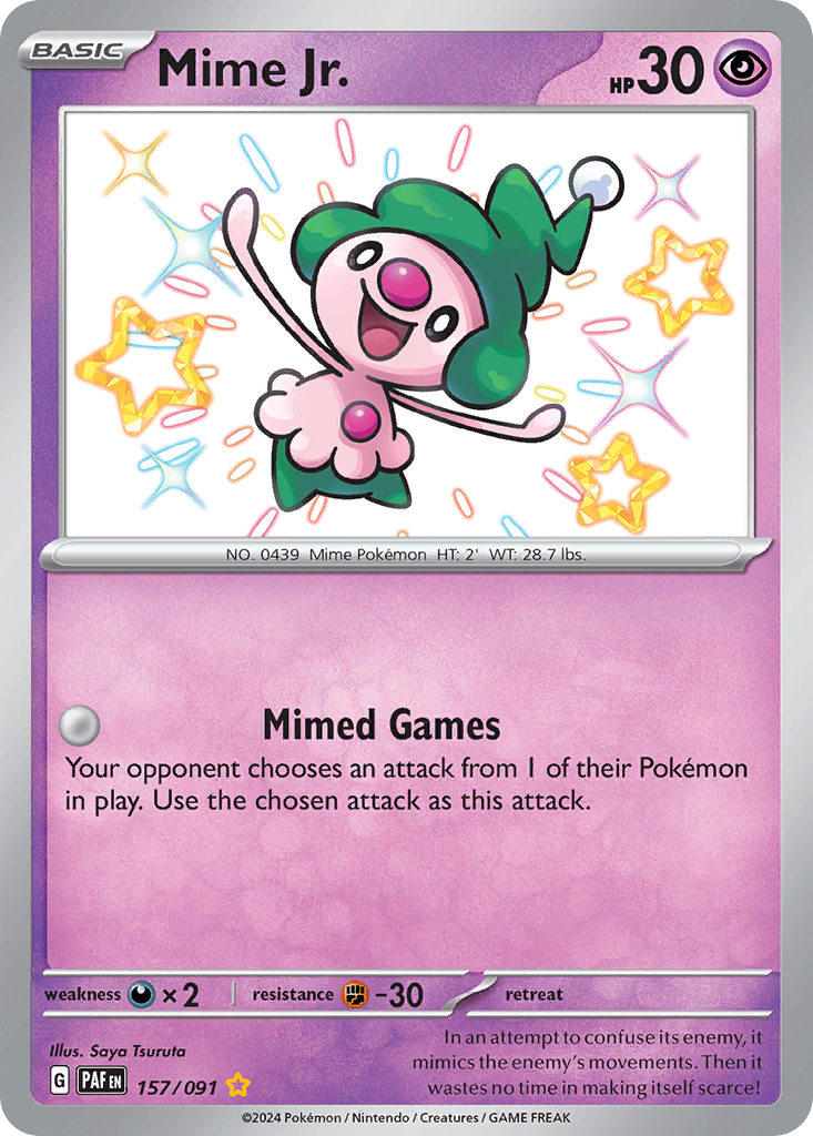 157/091 157/91 Mime Jr. Pokemon Card Paldean Fates Shiny Rare *MINT*