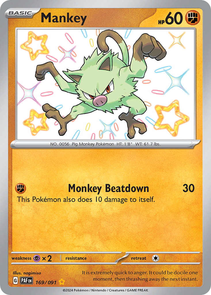 169/091 169/91 Mankey Pokemon Card Paldean Fates Shiny Rare *MINT*