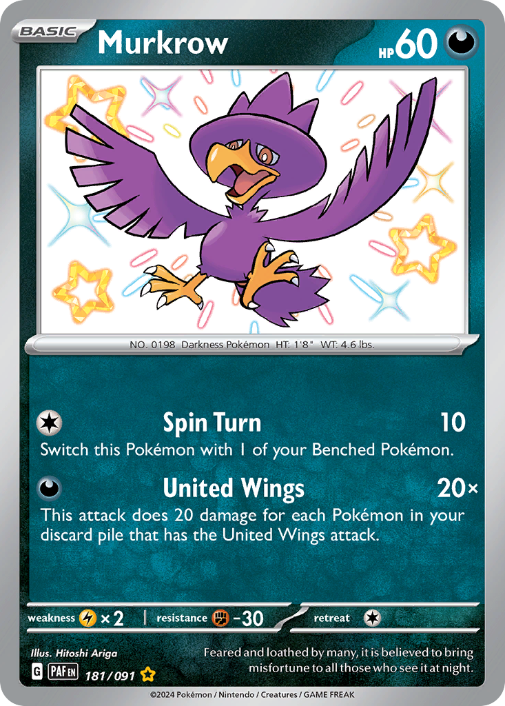 181/091 181/91 Murkrow Pokemon Card Paldean Fates Shiny Rare *MINT*