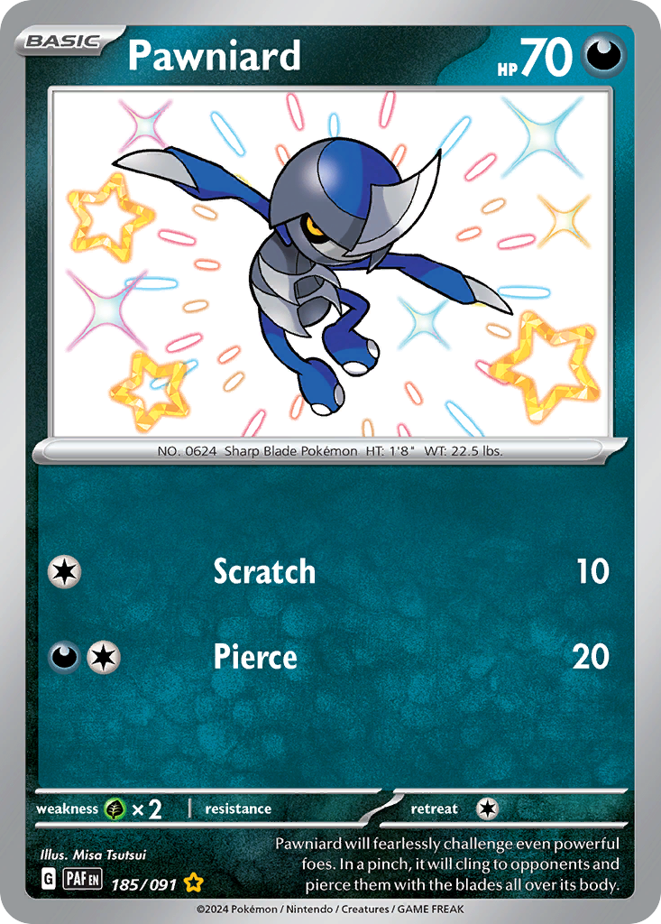 185/091 185/91 Pawniard Pokemon Card Paldean Fates Shiny Rare *MINT*
