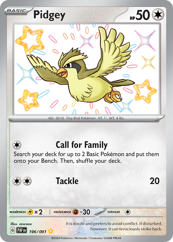 196/091 196/91 Pidgey Pokemon Card Paldean Fates Shiny Rare *MINT*