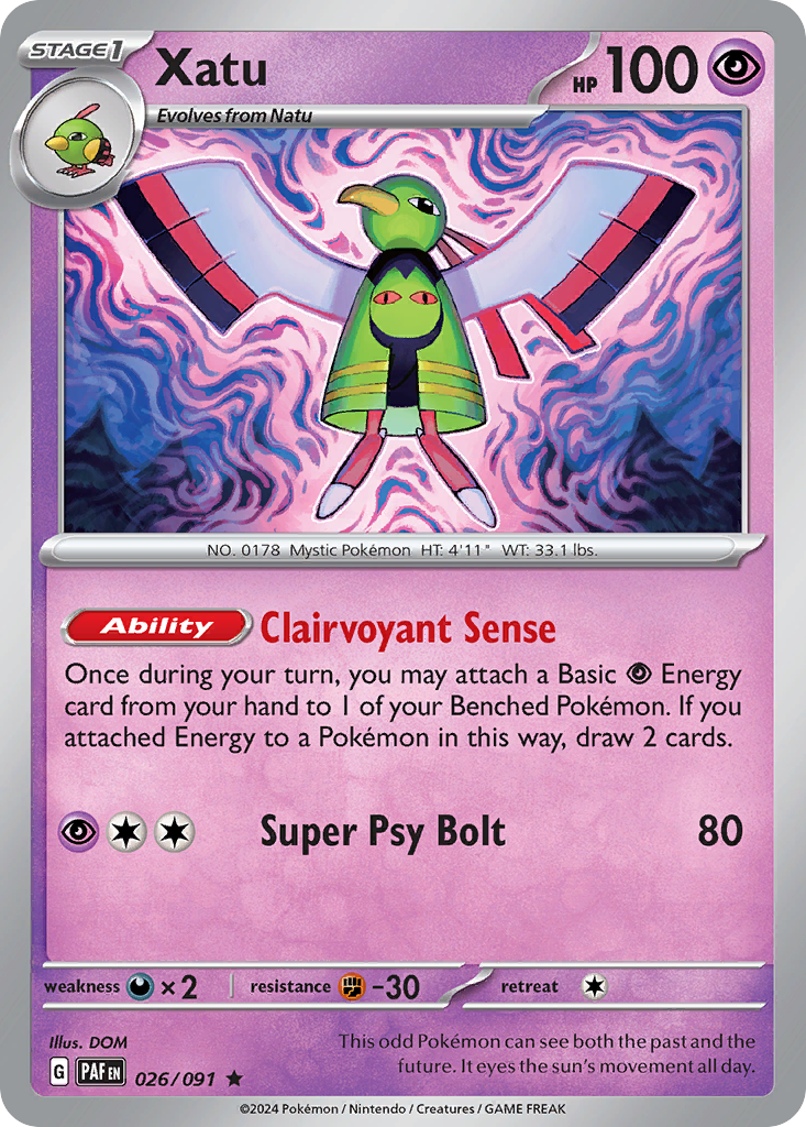 026/091 26/91 Xatu Pokemon Card Paldean Fates Holo Rare *MINT*
