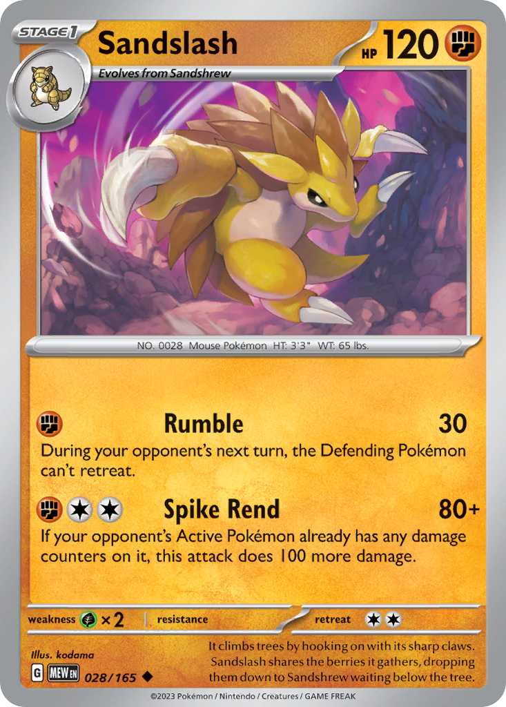 028/165 28/165 Sandslash Pokemon Card 151 Uncommon *MINT*