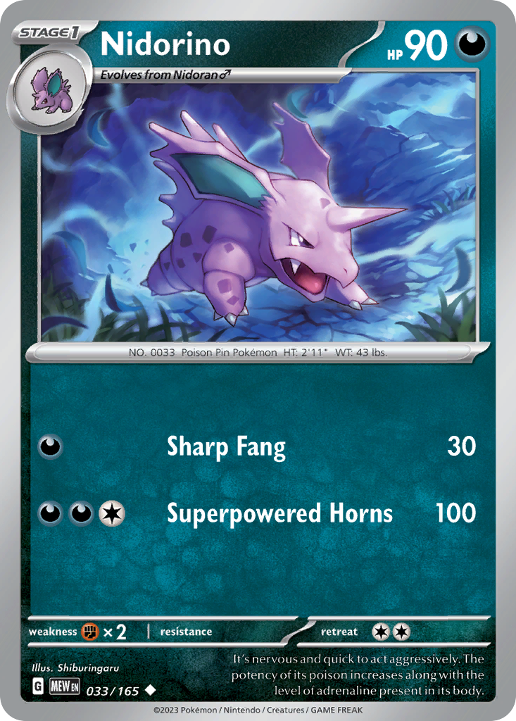033/165 33/165 Nidorino Pokemon Card 151 Uncommon *MINT*