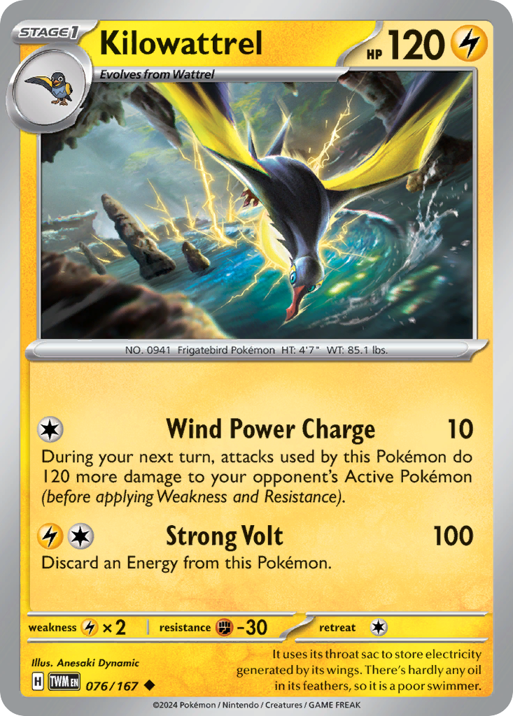 076/167 76/167 Kilowattrel Pokemon Card Twilight Masquerade Uncommon *MINT*