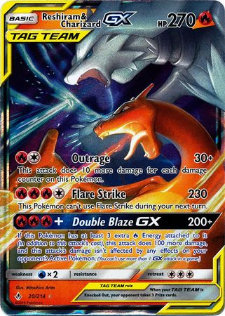 <transcy>Pokemon Card 20/214 Unbroken Bonds Reshiram & Charizard Tag Team GX Ultra Sjælden</transcy>