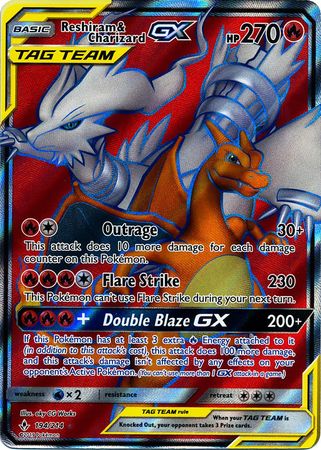 Pokemon Card Unbroken Bonds 194/214 Reshiram & Charizard Tag Team GX Full Art Ultra