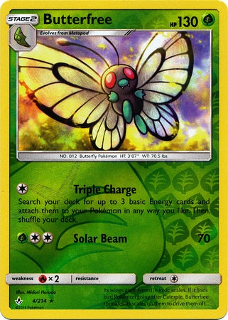 <transcy>Pokemon Card Unbroken Bonds 4/214 004/214 Butterfree Sjælden Reverse Holo</transcy>