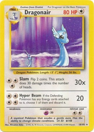 Pokemon Card Base Set Unlimited 18/102 Dragonair Rare PLAYED