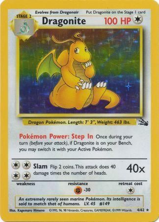 Pokemon Card Fossil Set Unlimited 4/62 Dragonite Holo Rare PLAYED