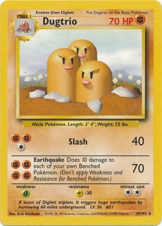 Pokemon Card Base Set Unlimited 19/102 Dugtrio Rare NEAR MINT