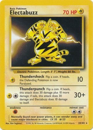 Pokemon Card Base Set Unlimited 20/102 Electabuzz Rare NEAR MINT