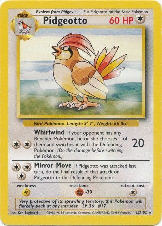 Pokemon Card Base Set Unlimited 22/102 Pidgeotto Rare NEAR MINT