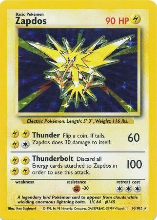Pokemon Card Base Set Unlimited 16/102 Zapdos Holo Rare NEAR MINT