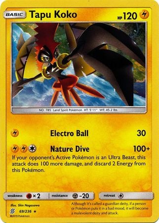 <transcy>Pokemon Card Unified Minds 069/236 69/236 Tapu Koko Holo Sjælden</transcy>
