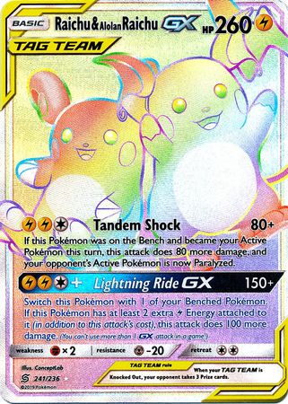 <transcy>بطاقة Pokemon Unified Minds 241/236 Raichu & Alolan Raichu Tag Team GX Hyper Rare</transcy>