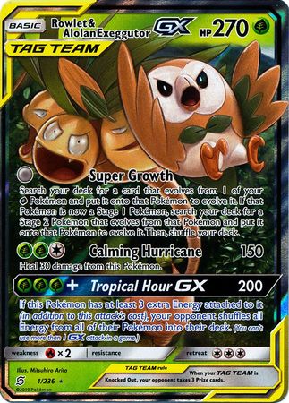 <transcy>Pokemon Card Unified Minds 001/236 1/236 Rowlet & Alolan Exeggutor Tag Team GX Ultra Sjælden</transcy>