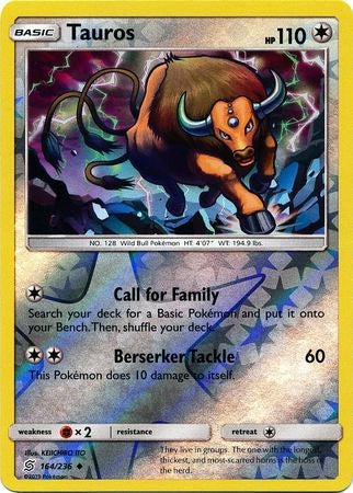 Pokemon Card Unified Minds 164/236 Tauros Reverse Holo Uncommon