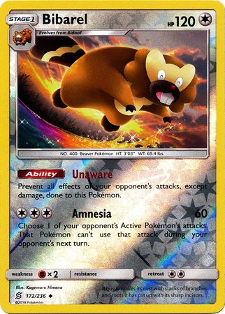 Pokemon Card Unified Minds 172/236 Bibarel Reverse Holo Uncommon