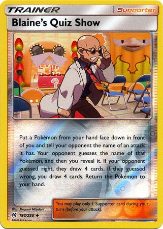 Pokemon Card Unified Minds 186/236 Blaine's Quiz Show Supporter Reverse Holo Uncommon
