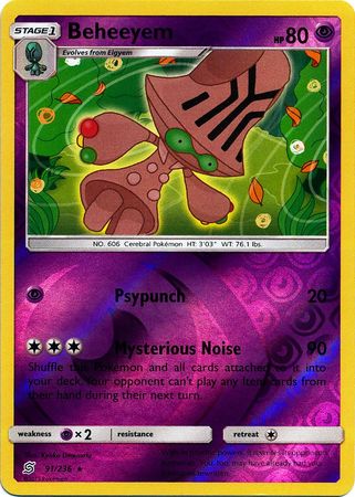 <transcy>Pokemon Card Unified Minds 091/236 91/236 Beheeyem Reverse Holo Sjælden</transcy>