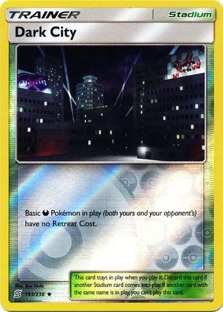Pokemon Card Unified Minds 193/236 Dark City Stadium Reverse Holo Uncommon