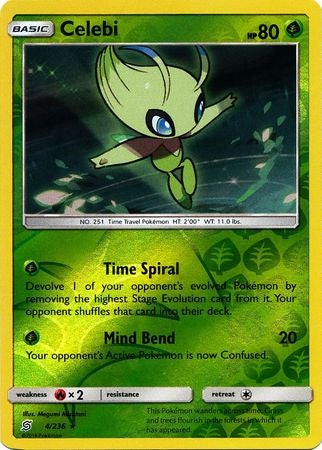 <transcy>Pokemon Card Unified Minds 004/236 4/236 Celebi Reverse Holo Sjælden</transcy>