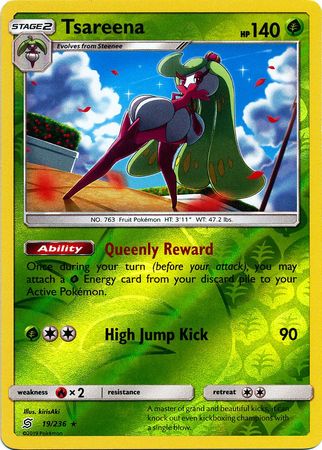 <transcy>Pokemon Card Unified Minds 019/236 19/236 Tsareena Reverse Holo Sjælden</transcy>