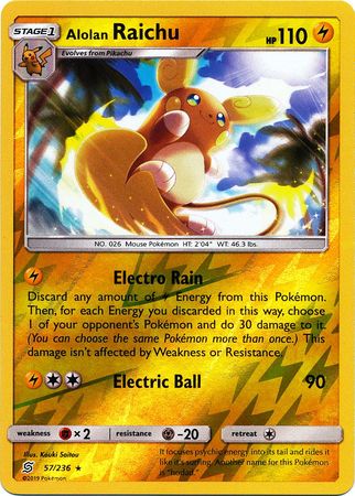 <transcy>Pokemon Card Unified Minds 057/236 57/236 Alolan Raichu Reverse Holo Sjælden</transcy>