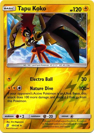 <transcy>Pokemon Card Unified Minds 069/236 69/236 Tapu Koko Reverse Holo Sjælden</transcy>