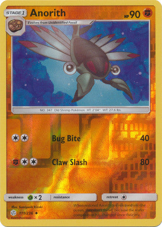 Pokemon Card Cosmic Eclipse 111/236 Anorith Reverse Holo Uncommon