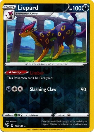 Pokemon Card Darkness Ablaze 107/189 107/189 Liepard Rare Reverse Holo