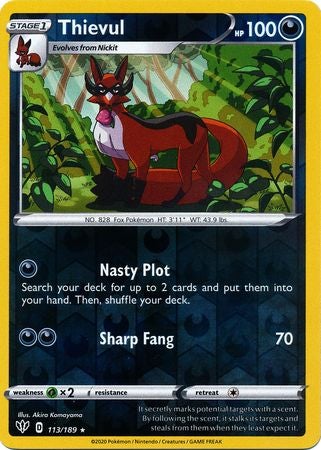 Pokemon Card Darkness Ablaze 113/189 113/189 Thievul Rare Reverse Holo
