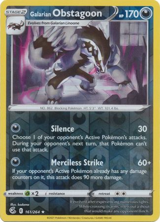 بطاقة Pokemon Fusion Strike 161/264 Galarian Obstagoon Reverse Holo Rare