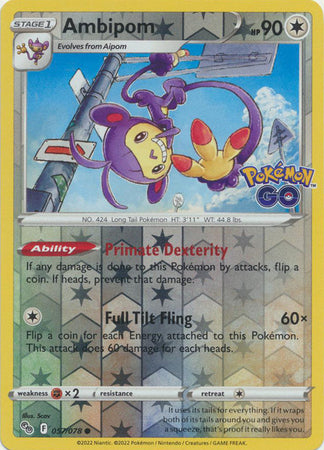 ambipom pokemon card Pokemon Card Pokemon Go 57/78 Ambipom Reverse Holo Common *MINT* –  Brokenvase Games