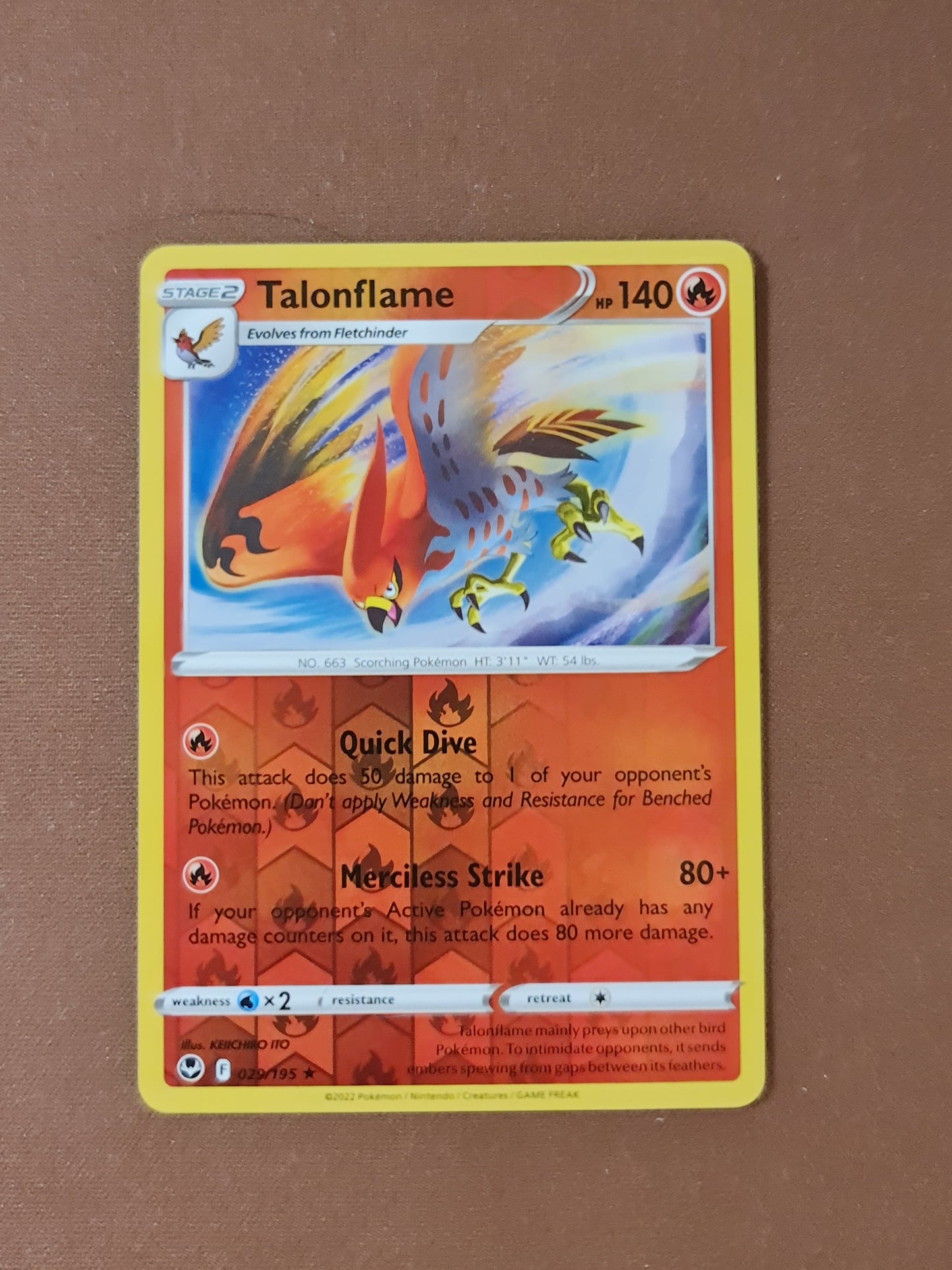 Pokemon Card Silver Tempest 029/195 29/195 Talonflame Reverse Holo Rare *MINT*