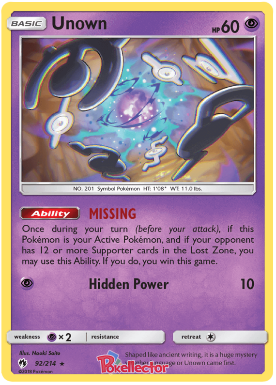 Pokemon Card Lost Thunder 92/214 092/214 Unown Rare *MINT*