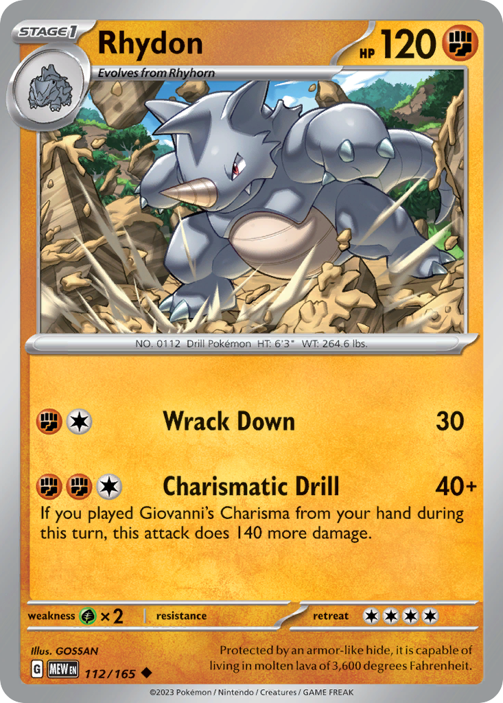 112/165 Rhydon  Pokemon Card  151 Uncommon *MINT*