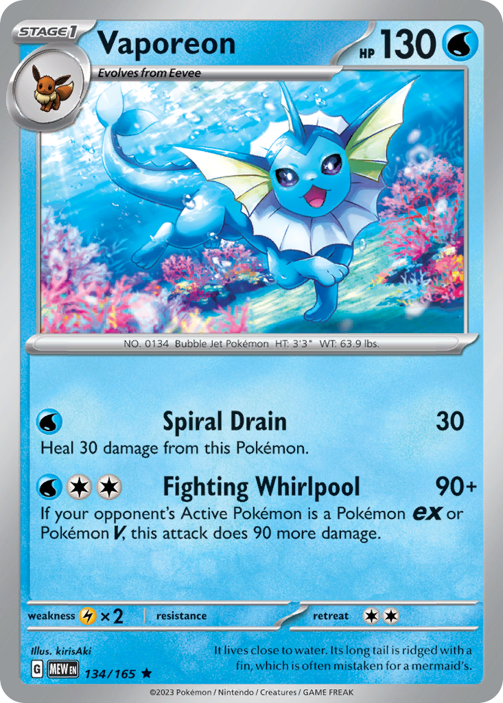 134/165 Vaporeon  Pokemon Card  151 Holo Rare *MINT*