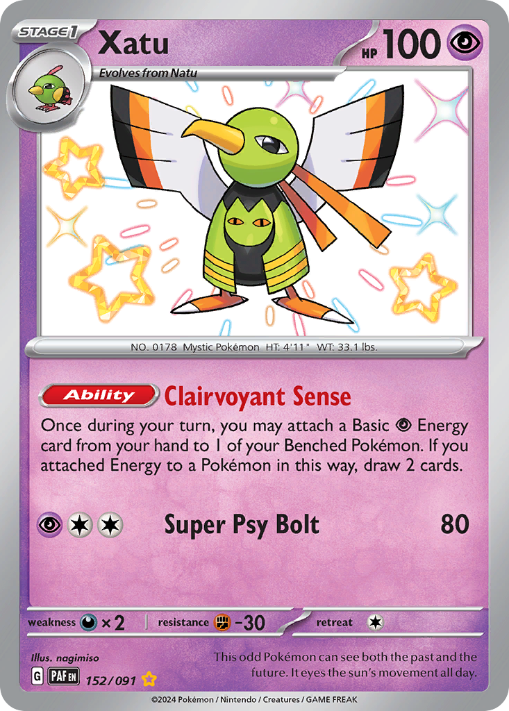 152/91 Xatu  Pokemon Card  Paldean Fates Shiny Rare *MINT*