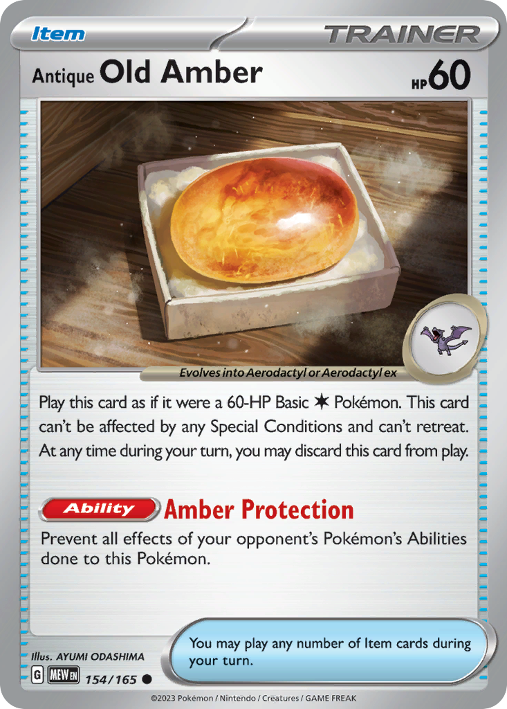 154/165 Antique Old Amber  Pokemon Card  151 Common Item *MINT*