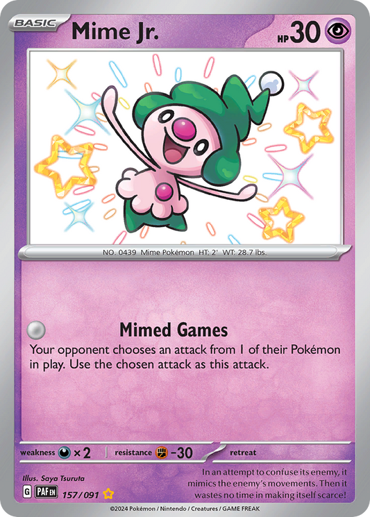 157/91 Mime Jr.  Pokemon Card  Paldean Fates Shiny Rare *MINT*