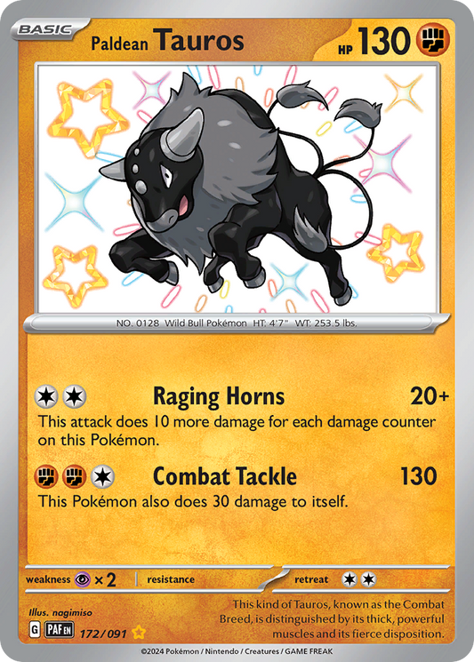 172/91 Paldean Tauros  Pokemon Card  Paldean Fates Shiny Rare *MINT*