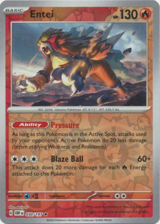 Pokemon Card Obsidian Flames 030/197 30/197 Entei Reverse Holo Rare *MINT*