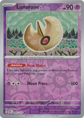 Pokemon Card Obsidian Flames 092/197 92/197 Lunatone Reverse Holo Uncommon *MINT*