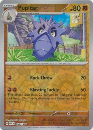 Pokemon Card Obsidian Flames 106/197 Pupitar Reverse Holo Uncommon *MINT*