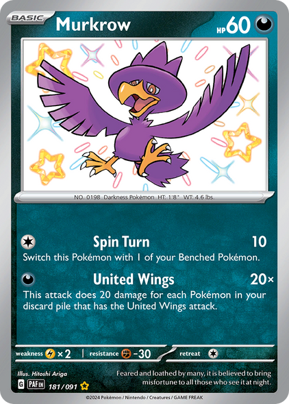 Pokemon Card Murkrow 181/91 Paldean Fates  Shiny Rare *MINT* 181/091